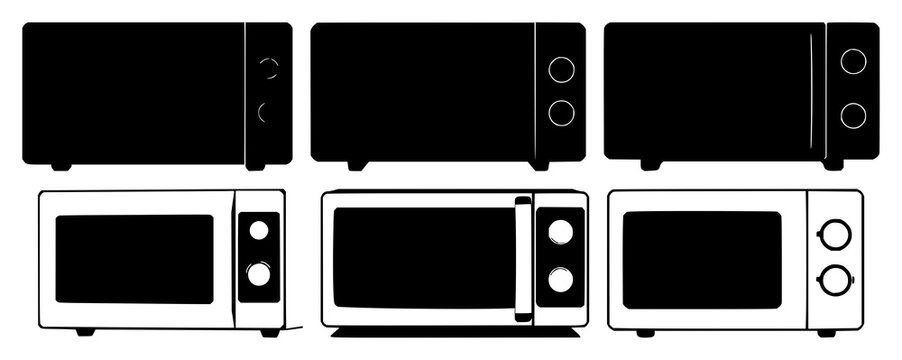 Microwave set with black silhouette against white background featuring kitchen appliances, household device, electronic with minimalism and line art