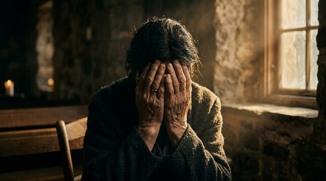 Sad elderly woman covering her face with hands praying in an old church
