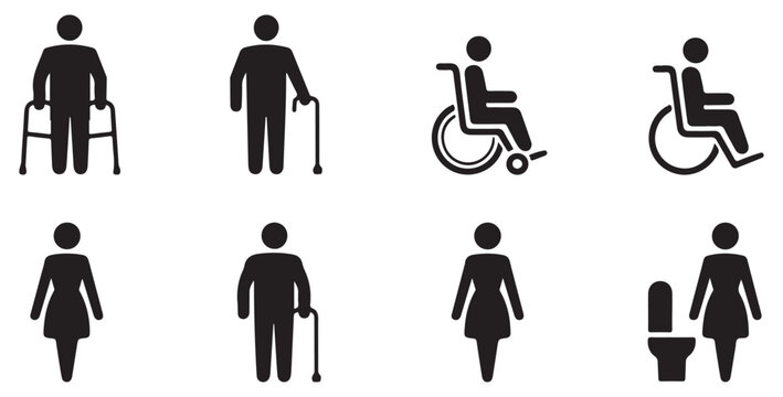 Elderly and disabled people silhouettes including walker cane and wheelchair accessibility icons.