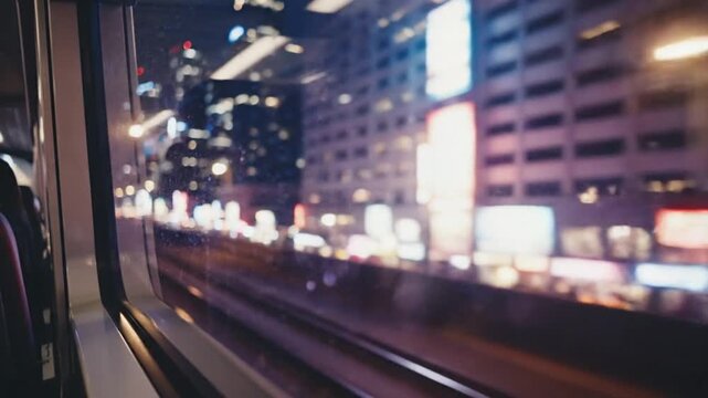 Nighttime Cityscape View from a Moving Train Window - Urban Travel.