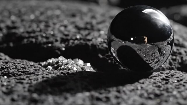 Shiny black marble ball resting on a textured dark surface with shadows.
