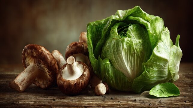 Fresh green head of lettuce and brown capped fungi arranged on rustic wooden surface