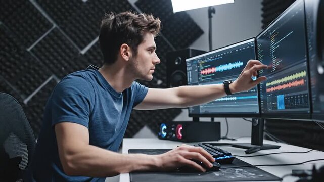 Man working on computer editing video in a dark room.