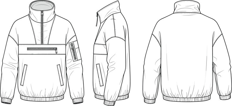 White quarter zip pullover jacket with side pocket, shown from front, side, and back.