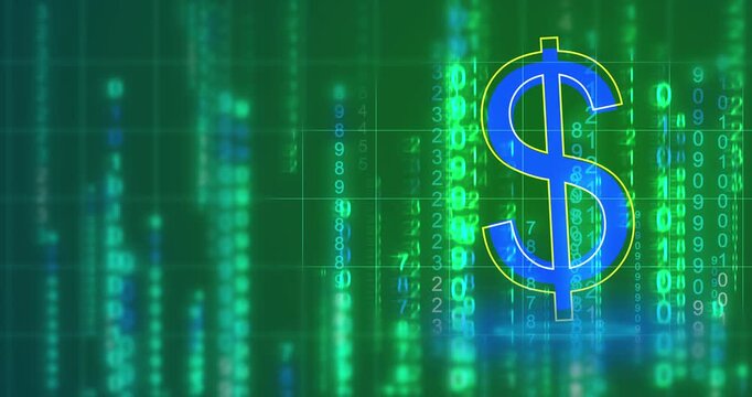 USD Dollar Analytics symbol matrix rain backdrop dark technology background. Stock market crypto hike predicting trading concept. High return yielding investment strategy and digital economy market.

