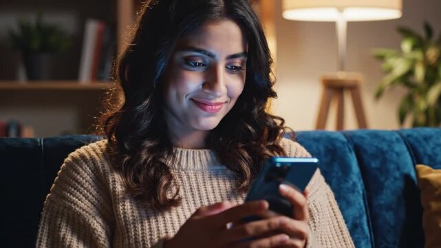 Woman using smartphone at home in the evening, looking at the screen.