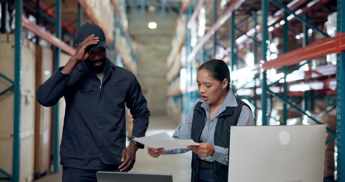 Angry, computer and documents with people in warehouse for disagreement or problem solving. Argument, paperwork and technology with logistics or supply chain team in factory for backlog or delay