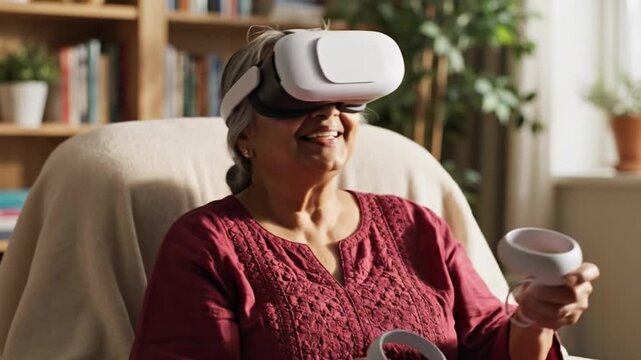 Elderly Woman Experiencing Virtual Reality in Comfortable Home Setting.