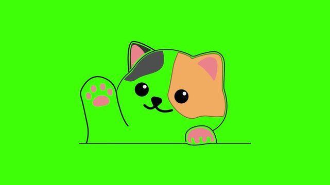 A cute and minimalist 2D cartoon animation of a calico kitten waving its paw in a friendly greeting against a chroma key green screen background. Perfect for content creators, children's videos, prese
