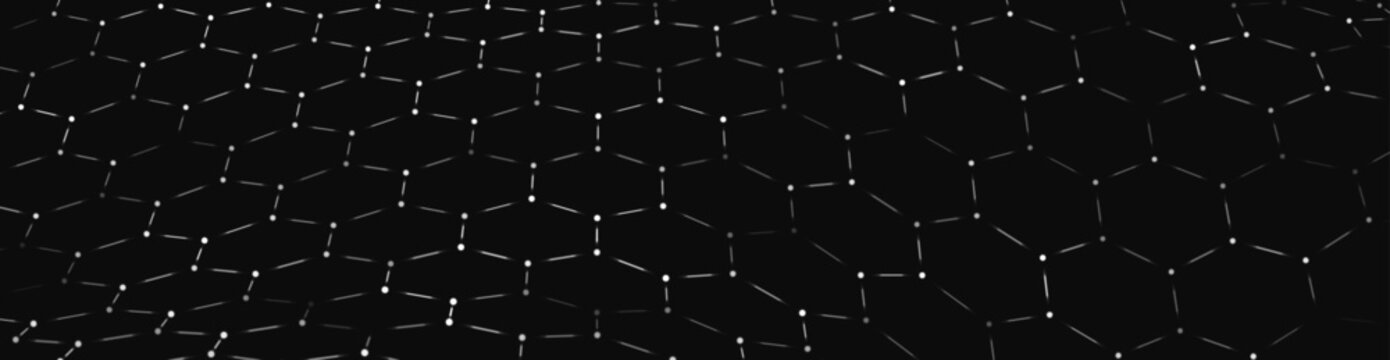 A monochrome hexagonal grid spreads out in the darkness, maintaining a strict rhythm and order. A futuristic hexagonal background. Honeycomb patterns create a sense of hidden structure and mathematica