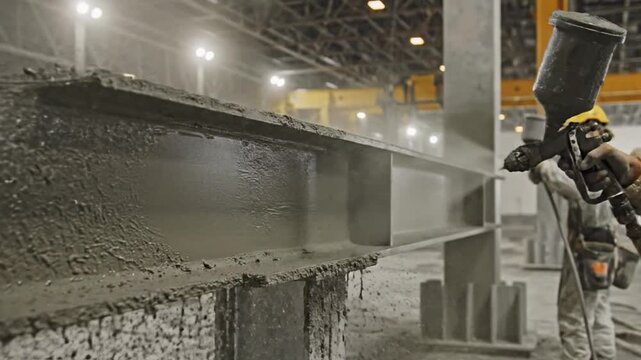 Industrial workers apply fireproofing coating to steel beams in a factory setting, ensuring structural integrity and safety.