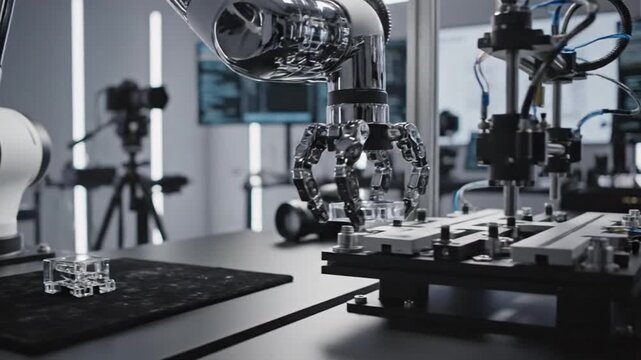 Robotic arm precisely manipulating a small object in a laboratory setting.
