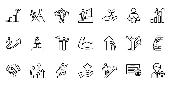 A set of line icons representing growth, development, and skill improvement.