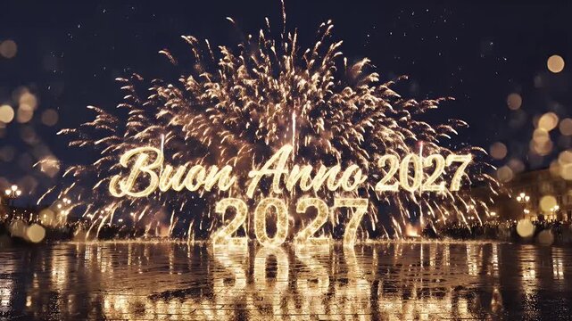 Vibrant Fireworks Over Dark Night Sky Reflections on Water with Golden Buon Anno Greeting