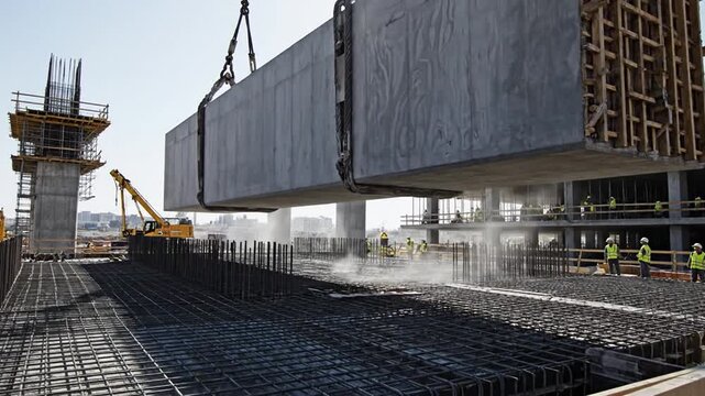 Massive concrete pillar being precisely hoisted into place by a crane on a busy construction site