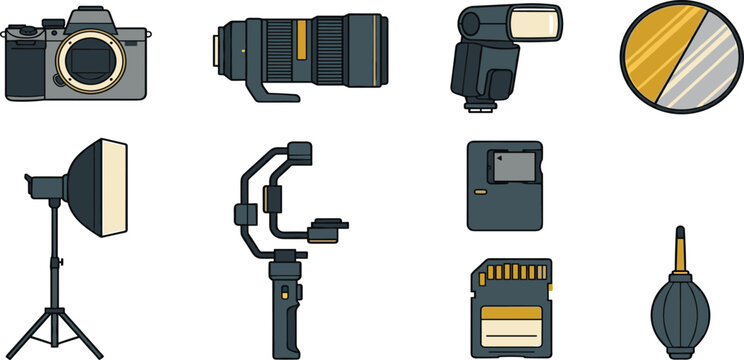 Professional Photography Studio and Video Production Equipment Icon Set with DSLR Camera Telephoto Lens Gimbal Softbox and Memory Card Vector Elements