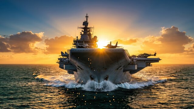 INS Vikrant Aircraft Carrier At Ocean Sunrise