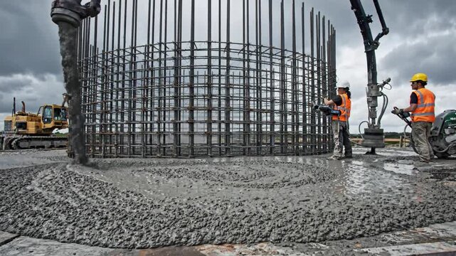 Massive concrete foundation being poured for wind turbine construction with workers and machinery on site