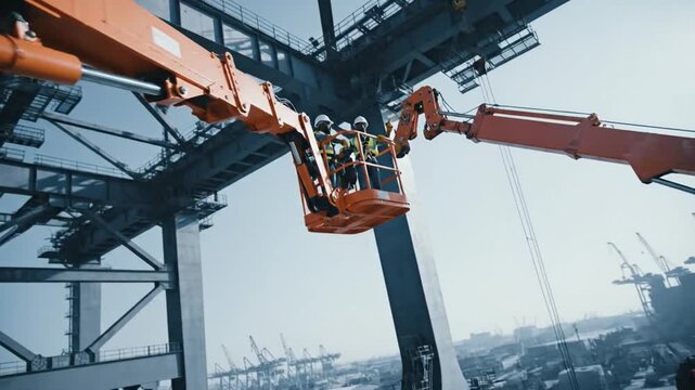 Industrial workers in a cherry picker ascend to great heights for maintenance on a large crane structure