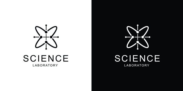 Science laboratory logo design with atom symbol and text.