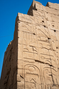 Epic ancient Egyptian hieroglyphs stone wall vertical texture. 
Cinematic close up of historic pharaoh bas-relief carvings, 
sacred symbols and ankh signs in Karnak temple Luxor.
