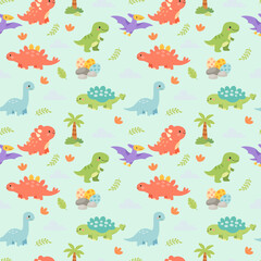 Seamless pattern with cute dinosaurs, eggs, palm trees and leaves in flat cartoon style for kids nursery and fabric design © Тетяна Костів
