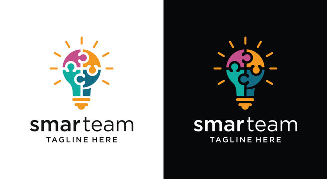 Smart Team Logo Creative Lightbulb with Puzzle Pieces.