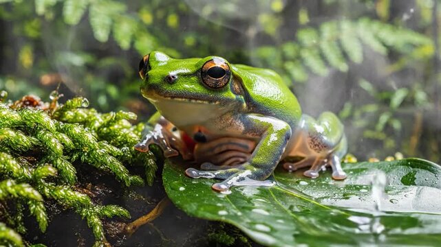 Vibrant green tree frog perched on a wet leaf amidst lush mossy branches in a misty rainforest environment.