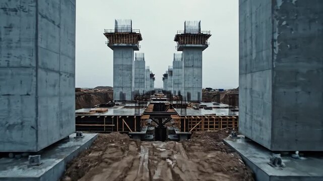 Massive concrete pillars rise from a muddy foundation at a sprawling construction site under an overcast sky