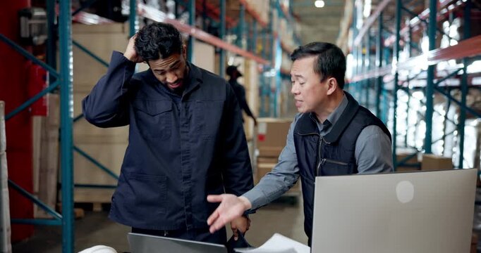 Shouting, manager and men with document, factory and angry for shipment delay or supply chain on web. Warehouse, logistics and supervisor with paperwork, tech and annoyed with distribution mistake