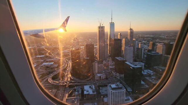 Stunning aerial view of a city skyline from an airplane window at sunset.