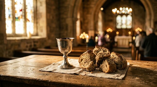 Silver chalice and broken bread on a wooden table in a stone church during a holy communion religious service.
