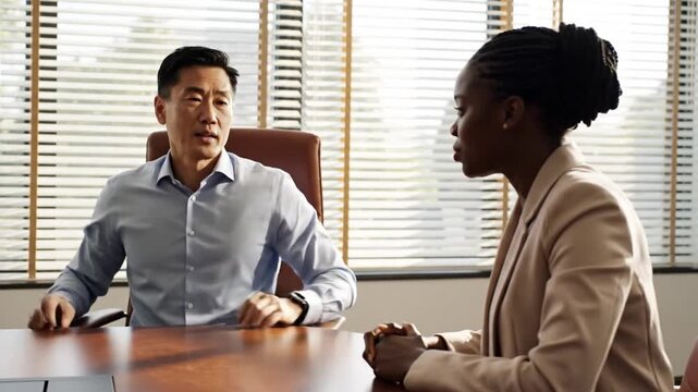 Professional Business Meeting - Two People Discussing Ideas and Strategies in Office.