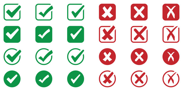 Check tick mark icon set. Cross box x check mark checkbox v list vector draw hand drawn sketch doodle brush marker checklist symbol wrong right circle. For apps and websites. Vector illustration.