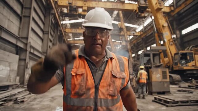 Intense foreman in hardhat and vest gestures emphatically in industrial construction site