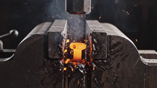 Intense industrial forging process: a glowing hot metal piece is powerfully hammered and quenched in a vise, creating sparks and steam.
