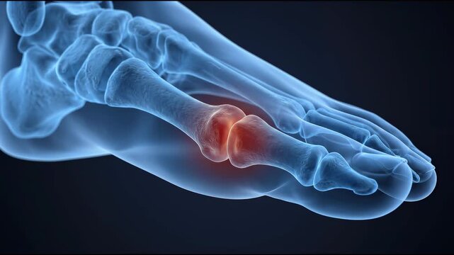 Human foot bone structure highlighting acute joint pain area