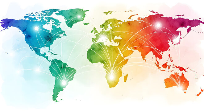 A colorful world map with connected glowing points on a gradient background.