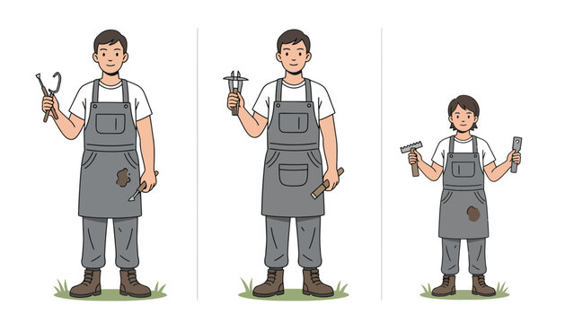 Three blacksmiths in aprons holding tools, representing different skill levels and experience in the craft.