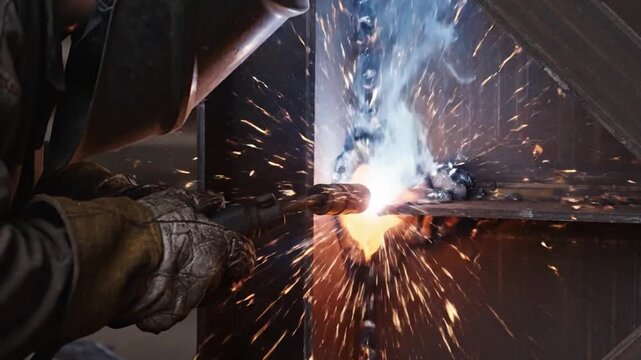Skilled worker welding structural metal joints in a confined space with intense sparks flying