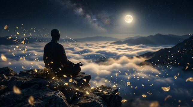 Buddhist monk meditating on mountain above clouds under full moon and starry sky at night with glowing ethereal petals