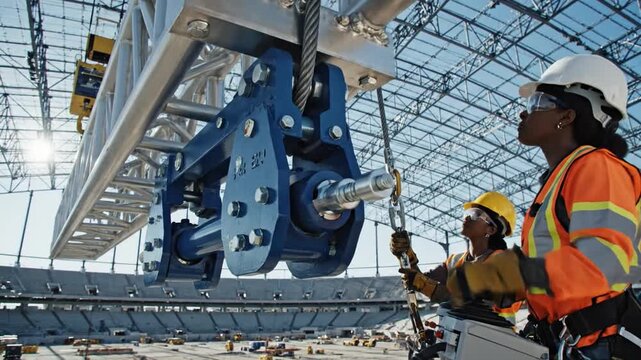 Skilled workers and crane operator carefully secure a colossal steel truss for a stadium roof construction project.