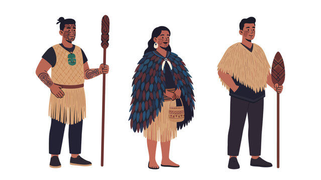 Three Maori people in traditional clothing, standing and holding cultural artifacts.