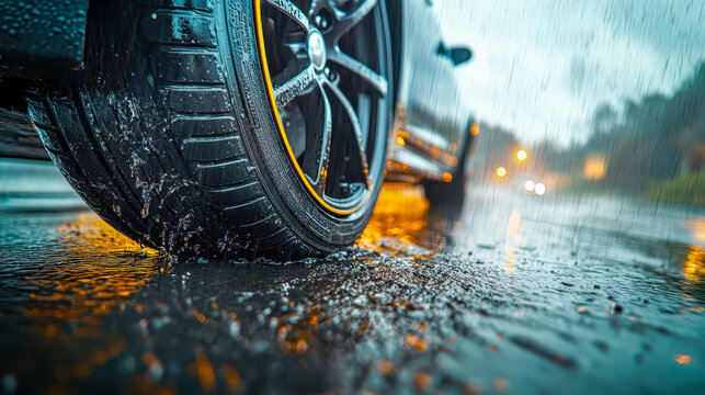 Car tire splashing water on wet asphalt during heavy rain, close-up of tire tread and alloy wheel for automotive safety and wet weather driving