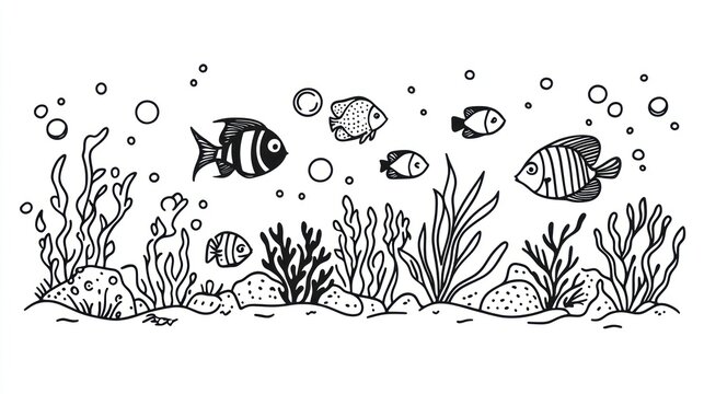 Hand-drawn sketch of a fish tank with fish, plants, rocks, and bubbles