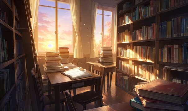 夕日が差し込む図書館と積まれた本、ノスタルジックで暖かな雰囲気、学習や読書広告向け