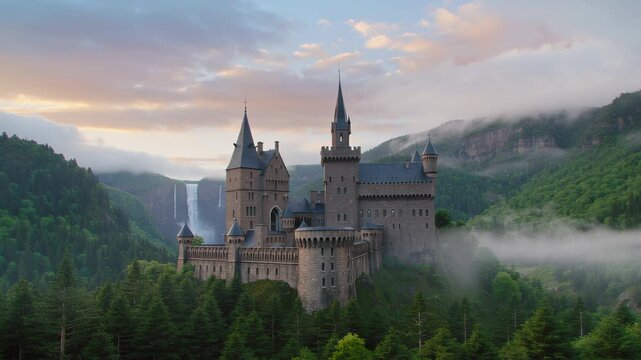 Majestic medieval castle nestled in a misty mountain valley with a waterfall