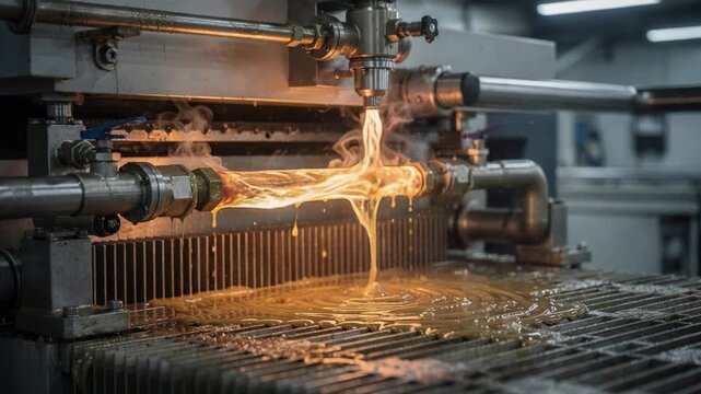 Medium shot capturing a milling process where hot grease discharge flows through machinery emphasizing thermal control during texture refinement.