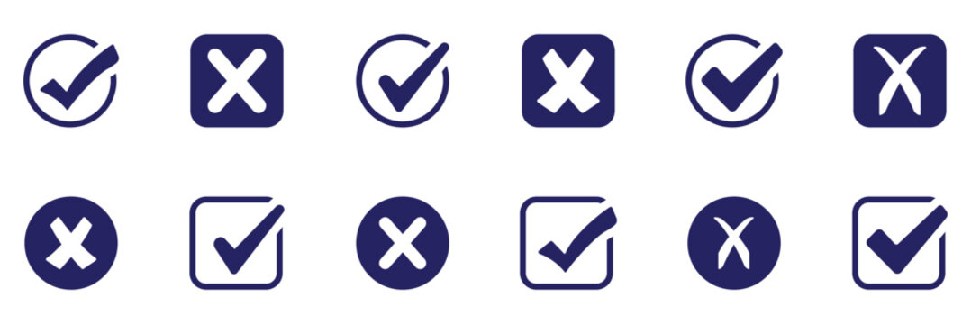 Check tick mark icon set. Cross box x check mark checkbox v list vector draw hand drawn sketch doodle brush marker checklist symbol wrong right circle. For apps and websites. Vector illustration.