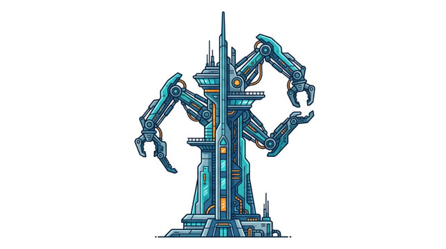 Robotic tower with mechanical arms.